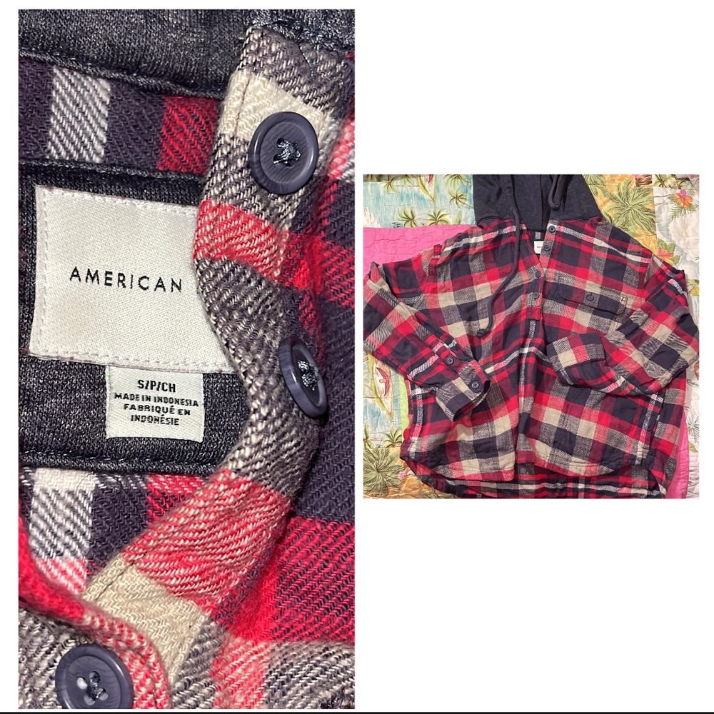 American Eagle Outfitters Red, White, and Blue Plaid Flannel Quarter Button Up